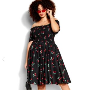 City Chic Retro Cherry Off Shoulder Dress L 20